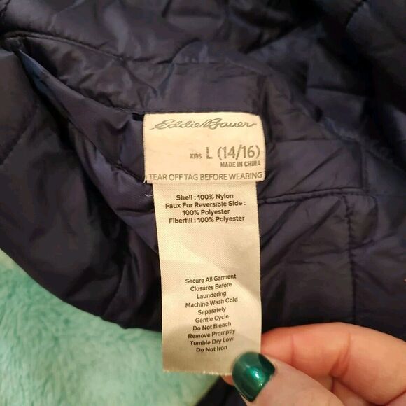 Eddie Bauer Puffer Coat Large (Size 14/16) Girls Reversible Blue Teal Logo *read - Picture 8 of 9